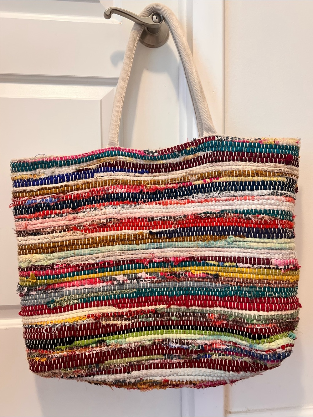 Mabelle  Multicolor Woven Stripe Tote with Cream Handles